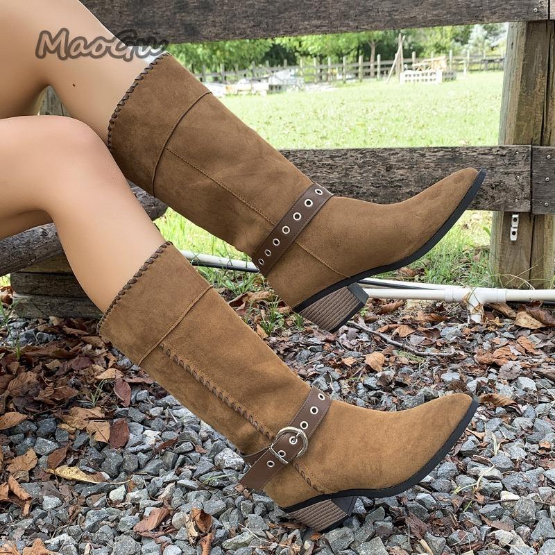 Fashion Belt Buckle High Heel Western Mid-Calf Boots Women 2025 Autumn Winter Suede Vintage Knight Boots Size 35-42 Bottes Femmes Black