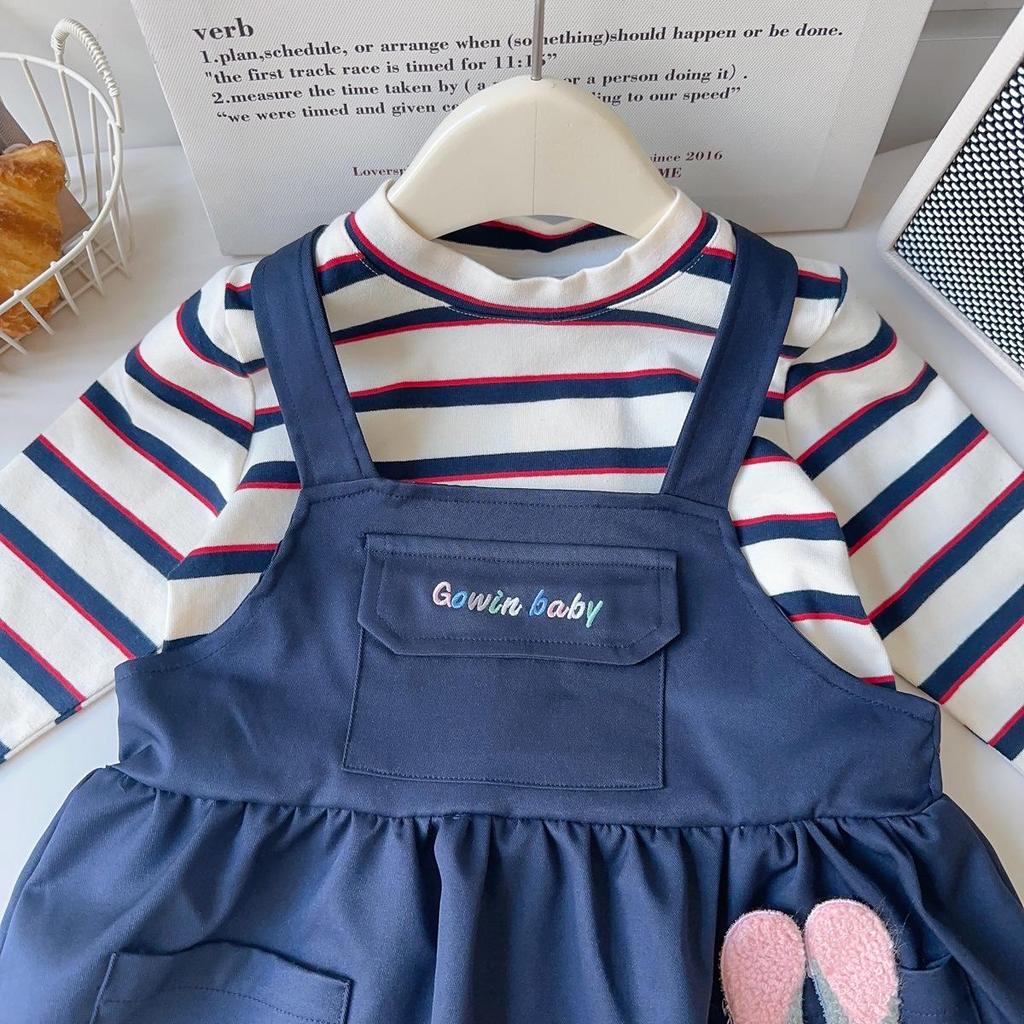 Girls' Rabbit Police Officer 2-Piece Set: Striped Shirt & Suspender Skirt for Casual Wear (Style AQB039)