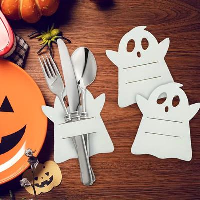 12 szt. Halloweenowy uchwyt na łyżkę i widelec w kształcie nietoperza, upiorna dynia, szkielet, duch, pająk, czarny kot, pokrowiec z filcu na sztućce, dekoracja stołu jadalnego na przyjęcie świąteczne