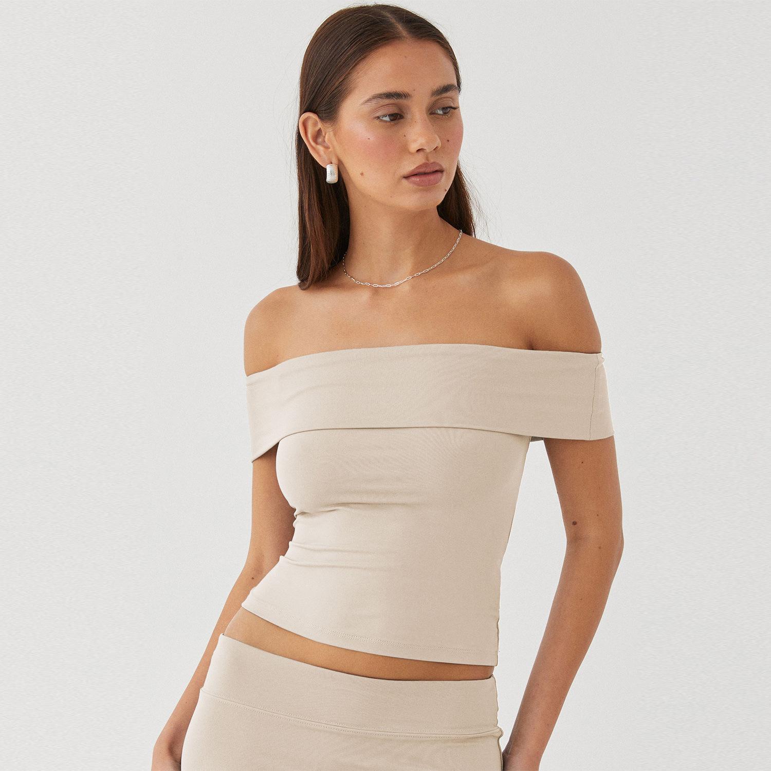 

Женские модные повседневные летние весенние однотонные блузки и рубашки на одно плечо с коротким рукавом и принтом L абрикосовый