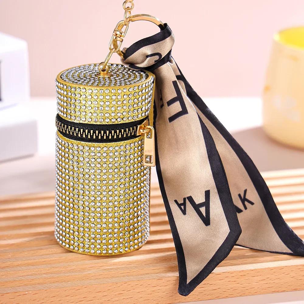 New Cylindrical Stylish Rhinestone PU Mini Lipstick Bag with Silk Scarf  Keychain Portable Coin Purse Women  Accessories Gift