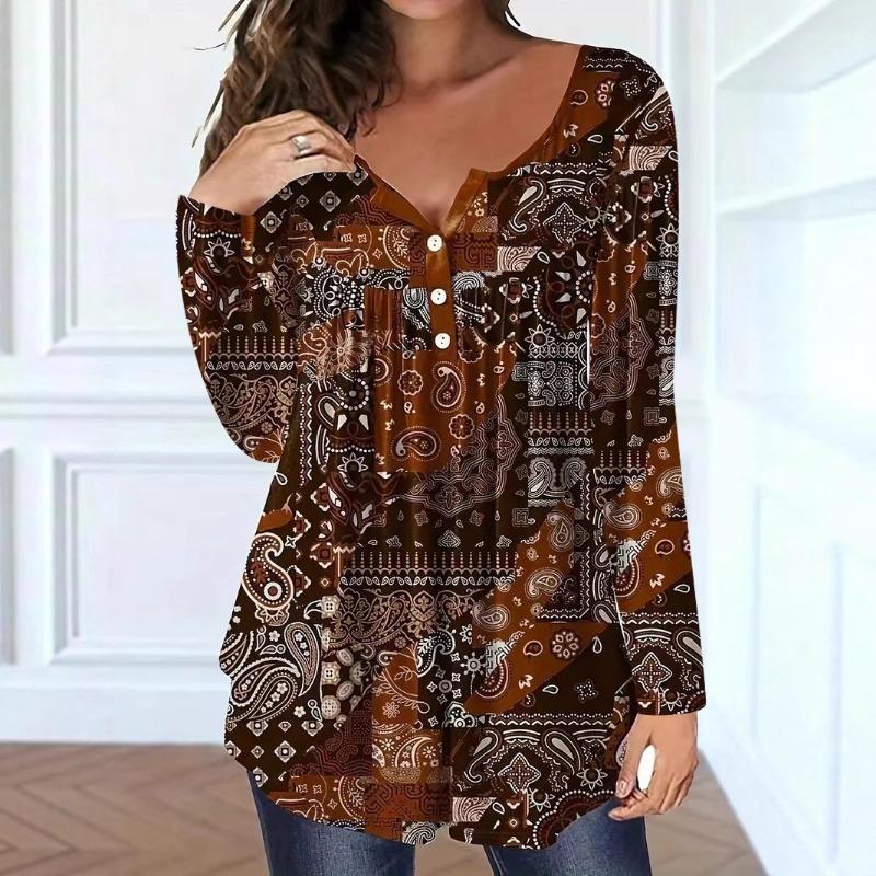 

Women Paisley Print V Neck Long Sleeve Blouse 5XL коричневий