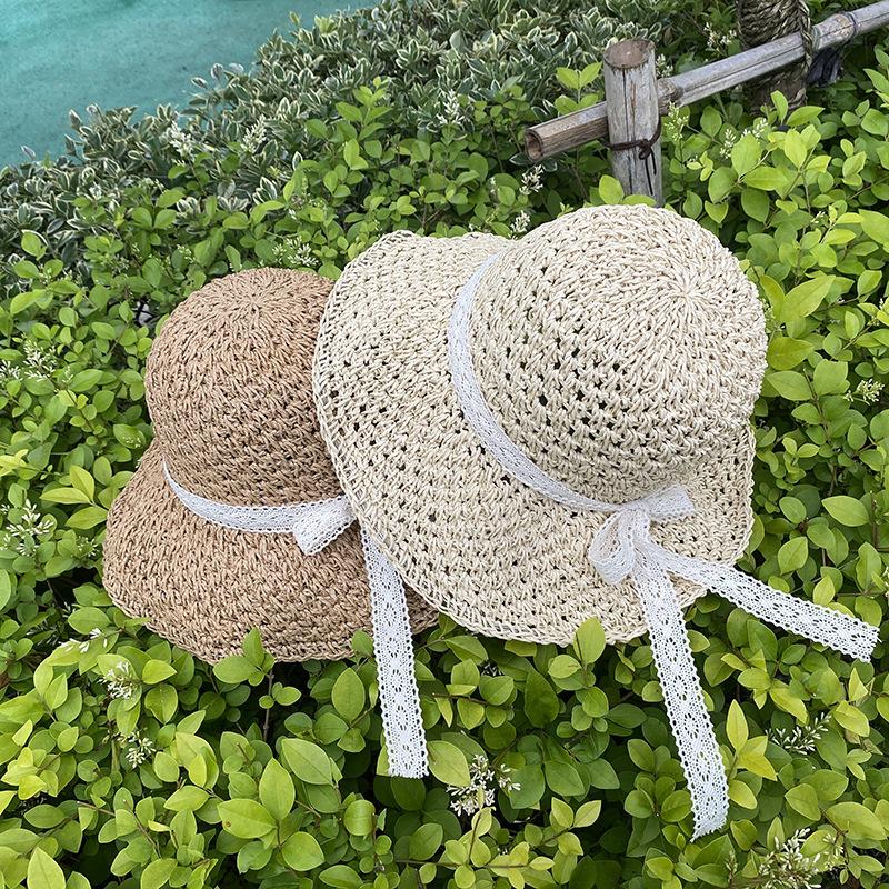 Hat Style Versatile Straw Woven Sweet Lace Bow Womens Hatscaps Sunshade