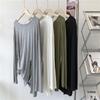 Modal Backless Long Sleeve Front Slit T-Shirt for Women - Plus Size, Solid Color, Round Neck Dancewear Top