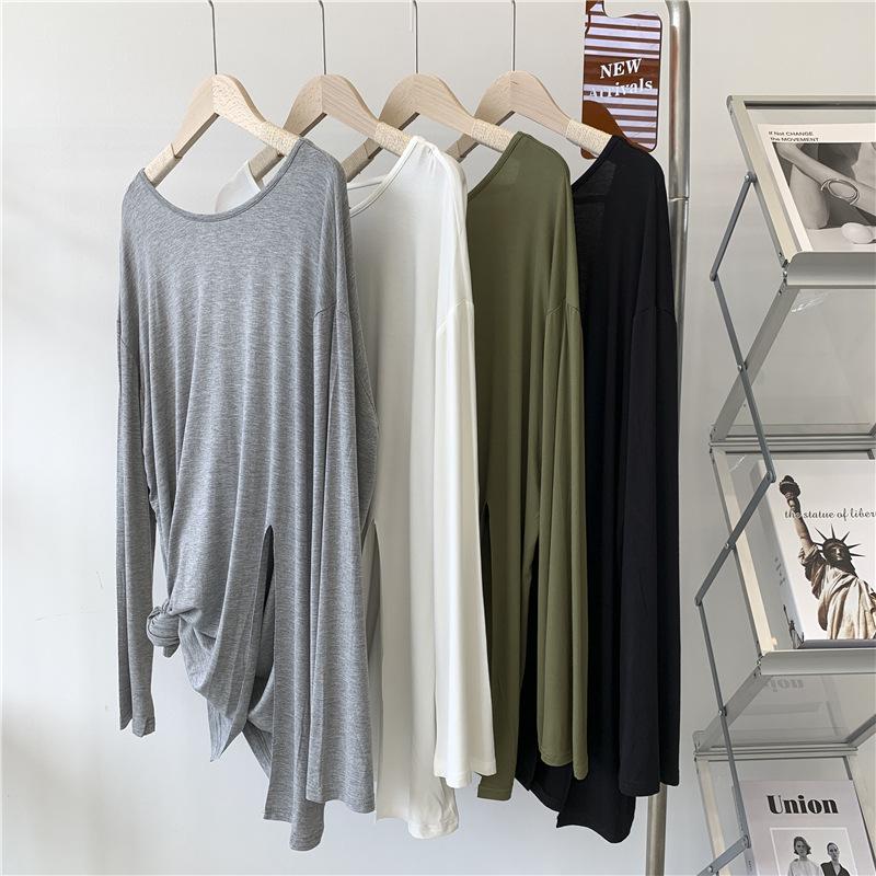 Modal Backless Long Sleeve Front Slit T-Shirt for Women - Plus Size, Solid Color, Round Neck Dancewear Top