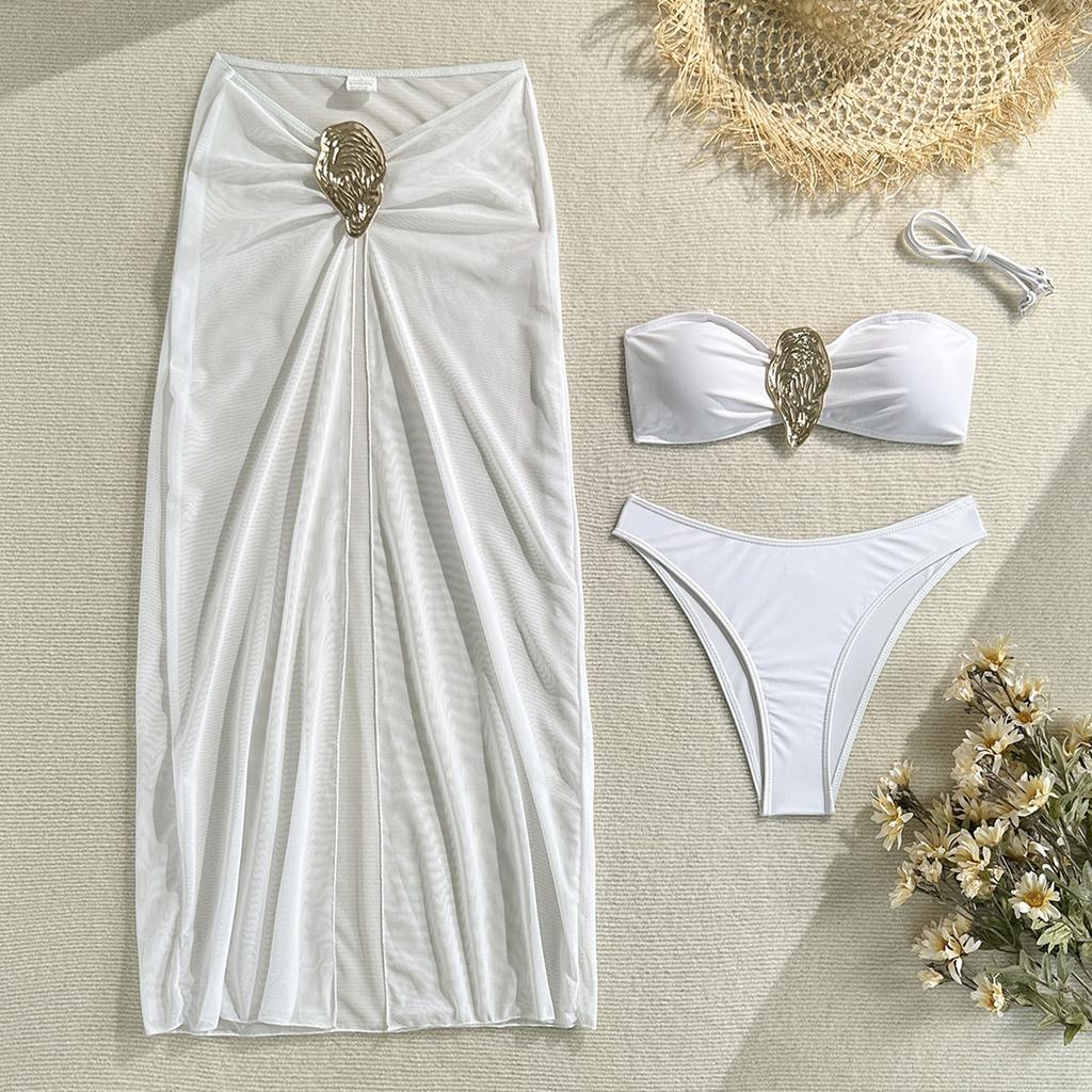 2026 Solid Color Metal Oyster Buckle Three-piece Tube Top Swimsuit Bikini