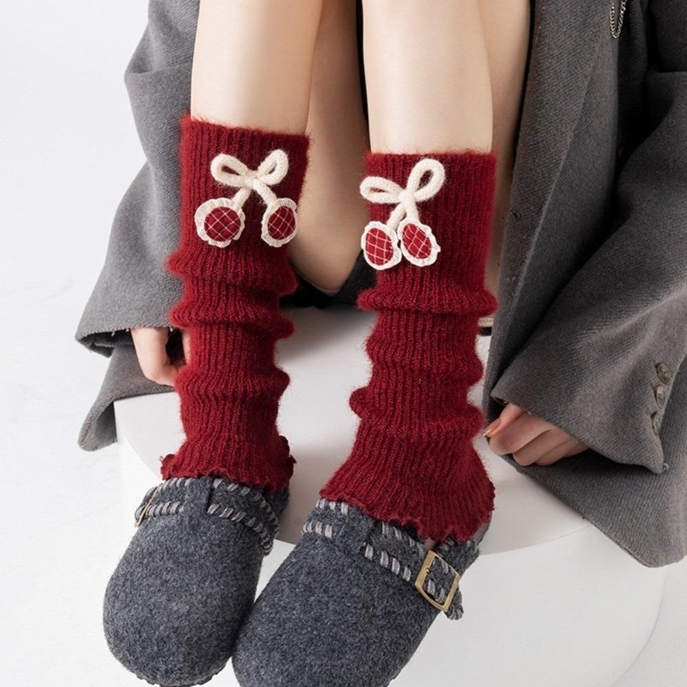 New Red Color Leg Warmers Thickened Bow Middle Tube Socks Harajuku Knitted Hosiery Autumn and Winter