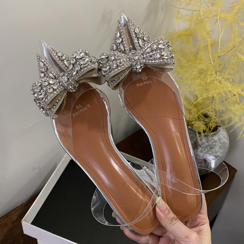 Fashion Eilyken Elegant PVC Transparent Sequined Bowknot Women Pumps Crystal Low High Heels Sandals Party Prom Shoes Zapatillas De Mujer
