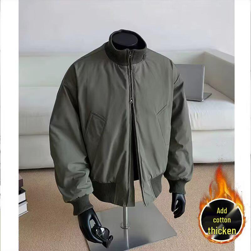 Men s High-End American Style Stand Collar Baseball Jacket - Autumn/Winter Thick Cotton Pilot Coat L