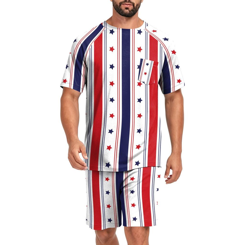 Men's Two Piece Sleepwear Set Short Sleeve Top and Shorts Lightweight Comfortable Soft Fabric Lounge Pajama Set for Summer Homewear