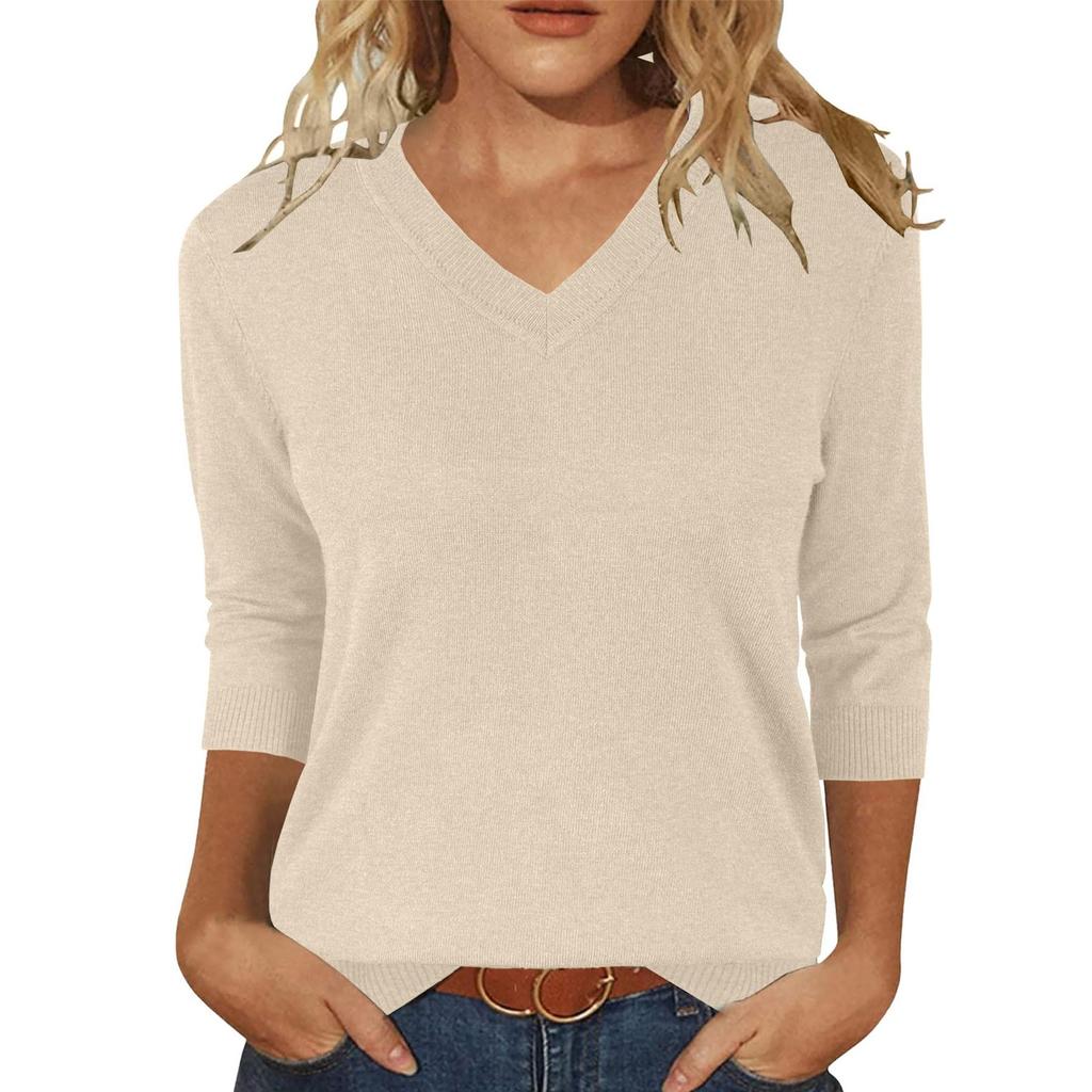 Womens Sweaters 3/4 Sleeve Pullover Tops V Neck Blouses Business Casual Fashion Clothes
