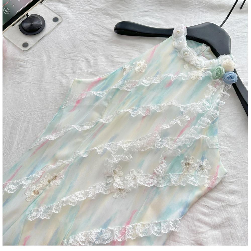 French Dress Women's Summer New Atmosphere Long Dress Sweet Green Sleeveless Irregular Lace Neck Flower