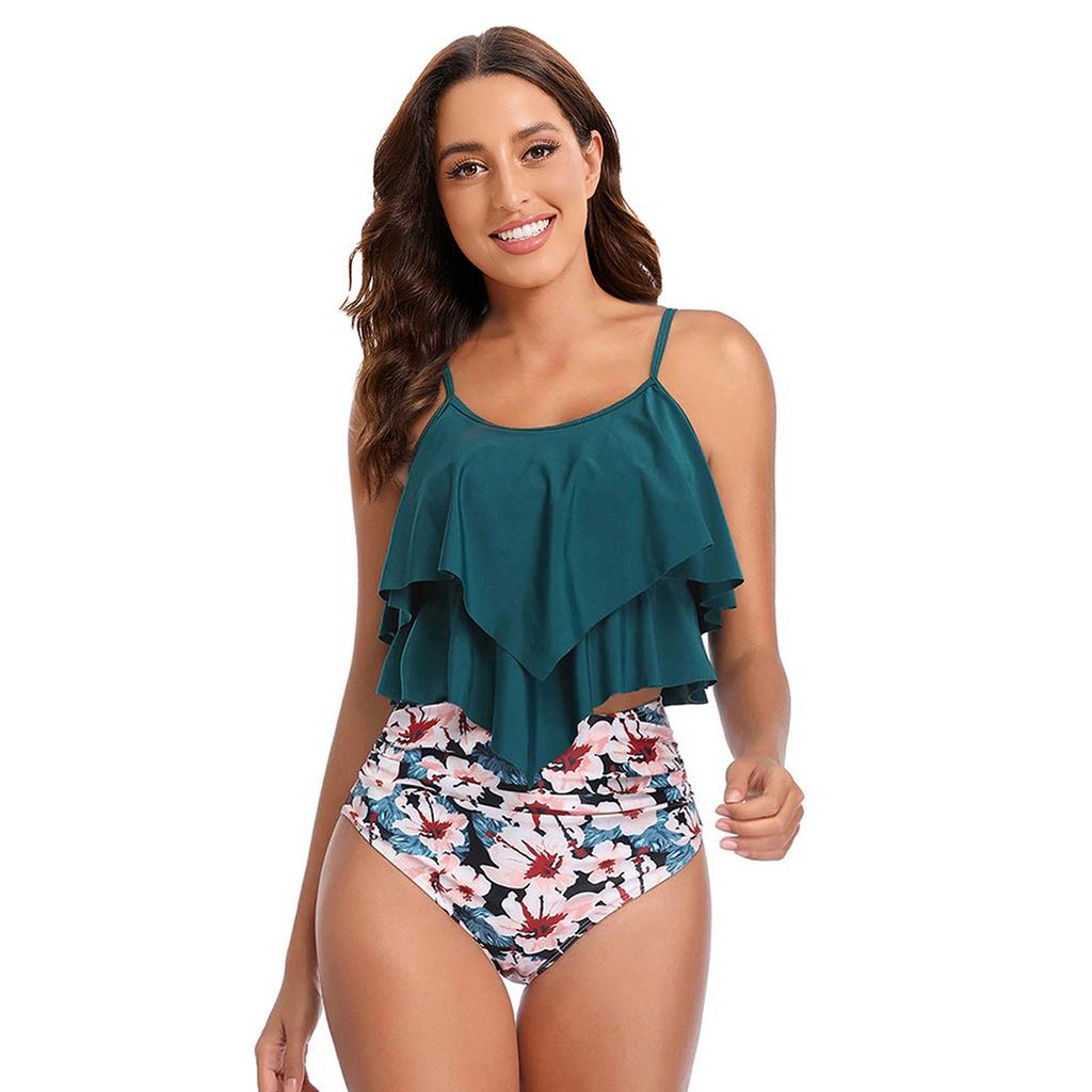 Damen Rüschen Volant Oberteil Hohe Taille Bikini Set Zweiteilig Bauchkontrolle Dezent Bedruckt Sommer Strand Badeanzug Bademode
