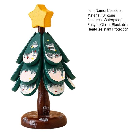 Wooden Christmas Tree Trivets for Hot Dishes Foldable Coasters Pot Holders Heat Resistant Silicone Table Protector Creative Gift for Home Kitchen