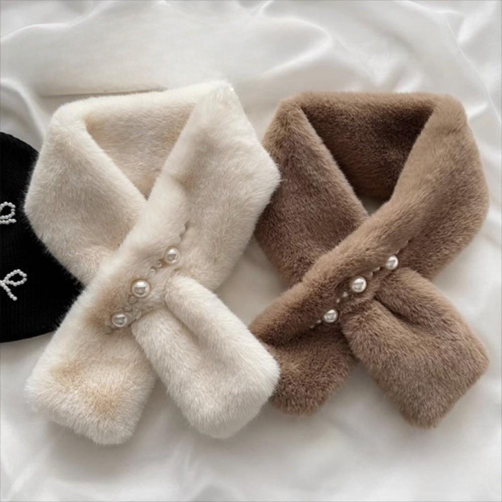 Solid Color Neckerchief Pearl Cross Scarves New Plush Scarf  Women