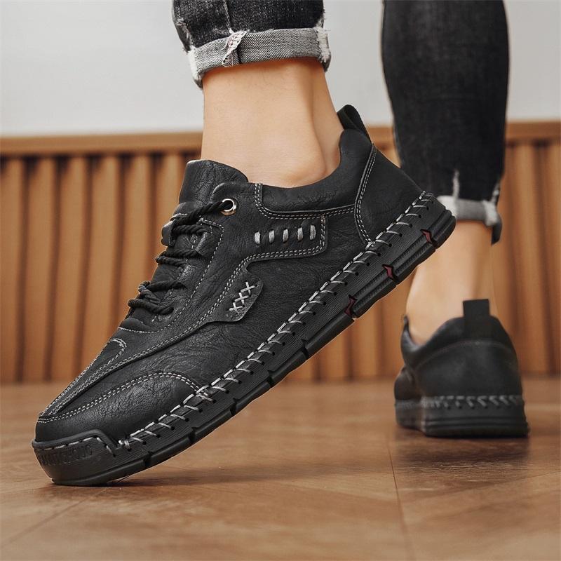 British Style Mens Casual Leather Outdoor Shoes Fashion Lace-up Single Leather Board Shoes  Soft Bottom Walking Shoe