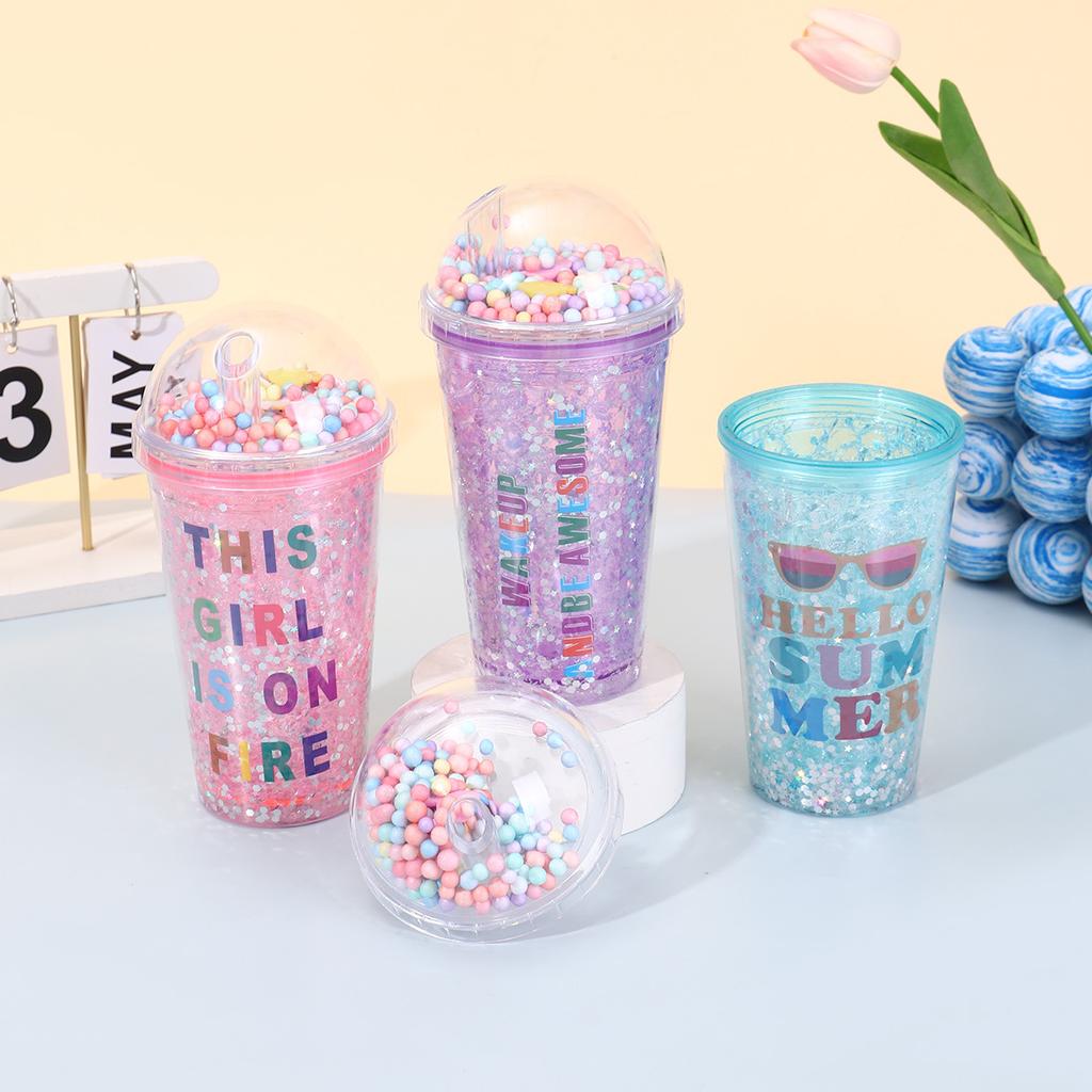 Water bottle summer simple creative digital plastic cup double vacuum cute student straw cup portable gift crushed ice cup