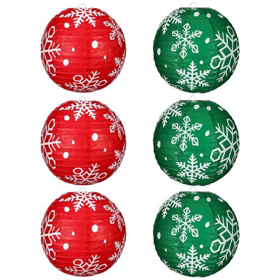 Snowflake Paper Lantern Red Green Christmas Hanging Round Lantern Decoration for Indoor Outdoor Decor Holiday Party Supplies