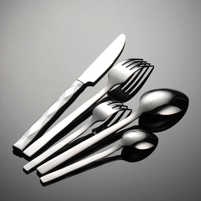 304 Stainless Steel Forged Square Handle Rhombus Pattern Western Food Knife, Fork and Spoon 5 Main Pieces Multi-specification Hotel Set Gifts