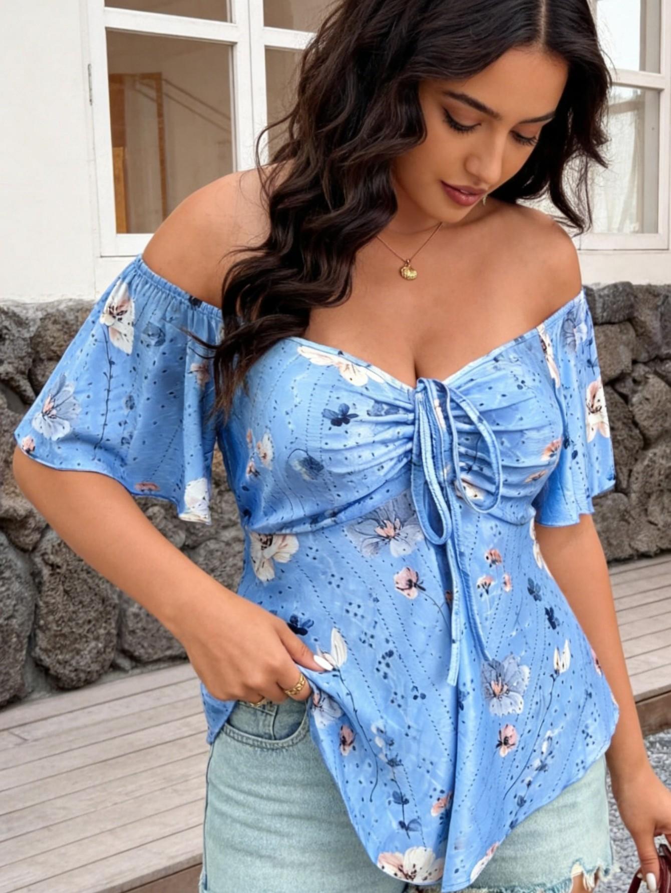 Plus size pink floral off-shoulder top, drawstring waist-cinching ruffled patch chiffon shirt, cross-border bestseller wholesale 0XL