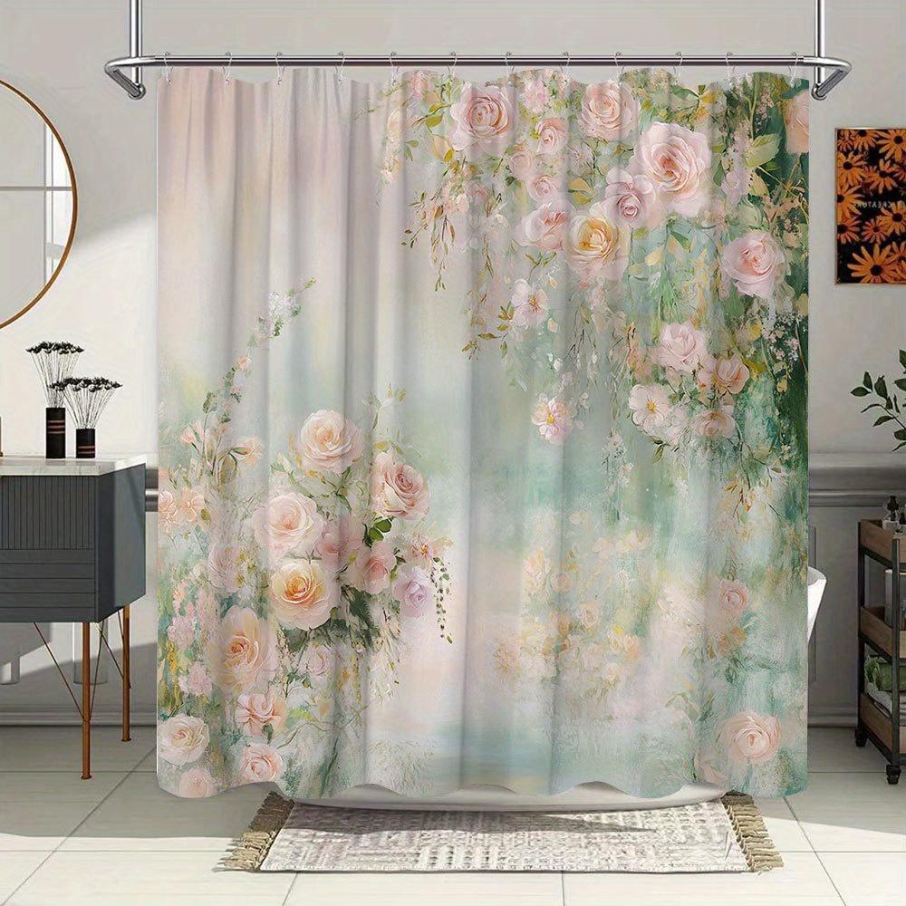 1pc Watercolor Peonies Bathtub Curtain - Pink & White Blooms with Green Foliage, Soft Gradient Design, 12 Hooks Included