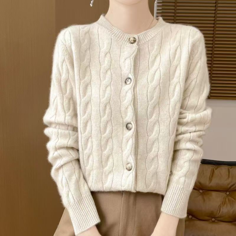 Base Shirt  New Sweater for Women Loose Round Neck Fashion Versatile Twist Thread Cardigan