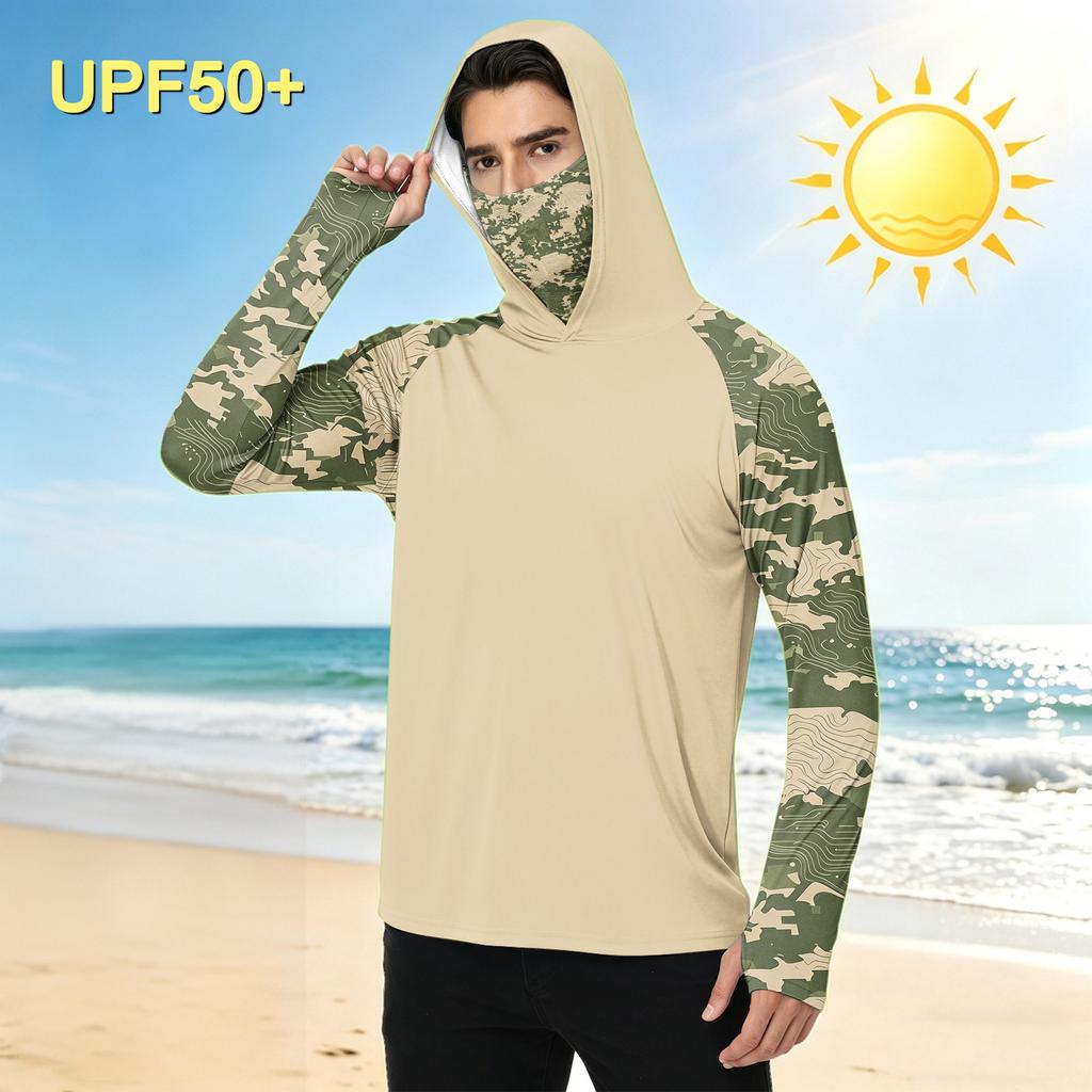 Men's Casual Outdoor Camouflage Print Hooded Long Sleeve Sun Protection Shirt Lightweight Quick Dry Breathable Fabric