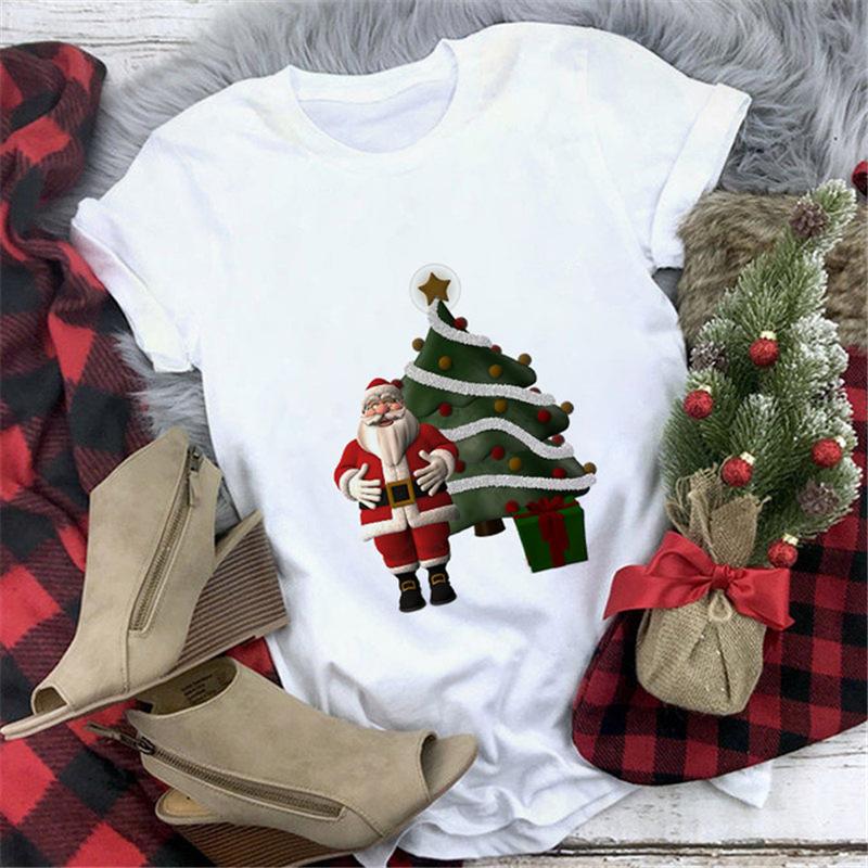Casual Cute Cartoon Christmas Santa Graphic Female T-Shirt 90S Funny Summer Tees Loose White Blouse Short Sleeve O-Neck Crop Top