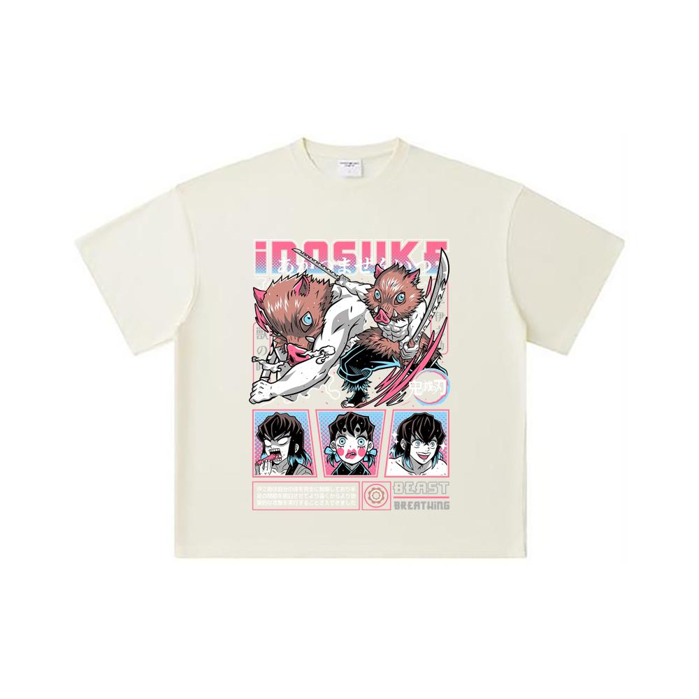 260 GSM Double Yarn 32 Count 100% Cotton Demon Slayer V28 Inosuke Print Unisex Heavy Cotton T Shirt