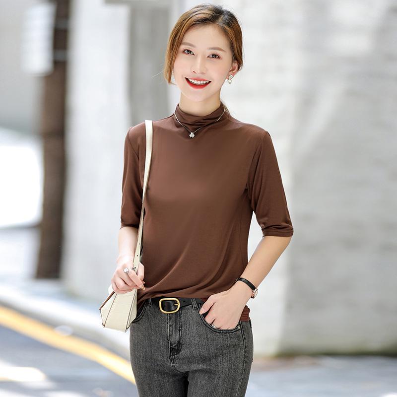 

Женский повседневный топ с полувысоким воротником, облегающего кроя, с коротким рукавом, рукавом средней длины, базовый слой для весны/осени 2XL (125-140 lbs) кофейный