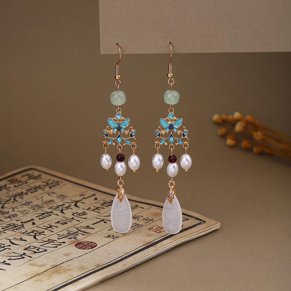Butterfly Water Drop Pearl Fringed Ear Hook Female, Guochao Light Luxury Safety Buckle Ancient Cheongsam Earrings