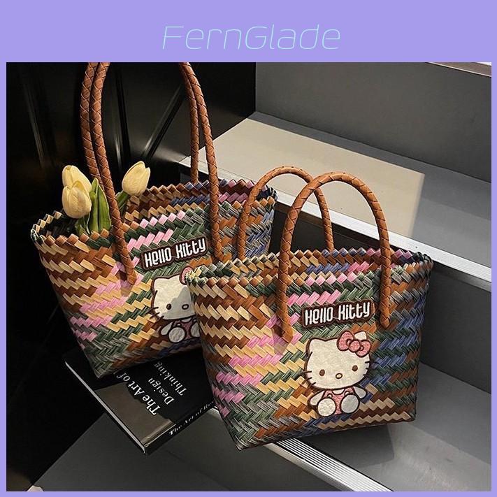 Borsa Secchiello Hello Kitty con Materiale Intrecciato per Uso Casual Estivo