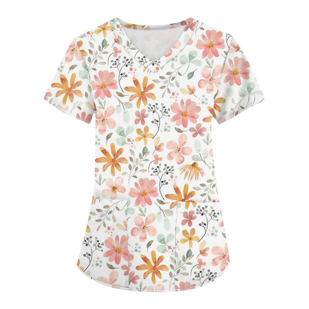 Damen Modisches bedrucktes kurzärmliges Oberteil mit V-Ausschnitt und kleiner Tasche für die Arbeit