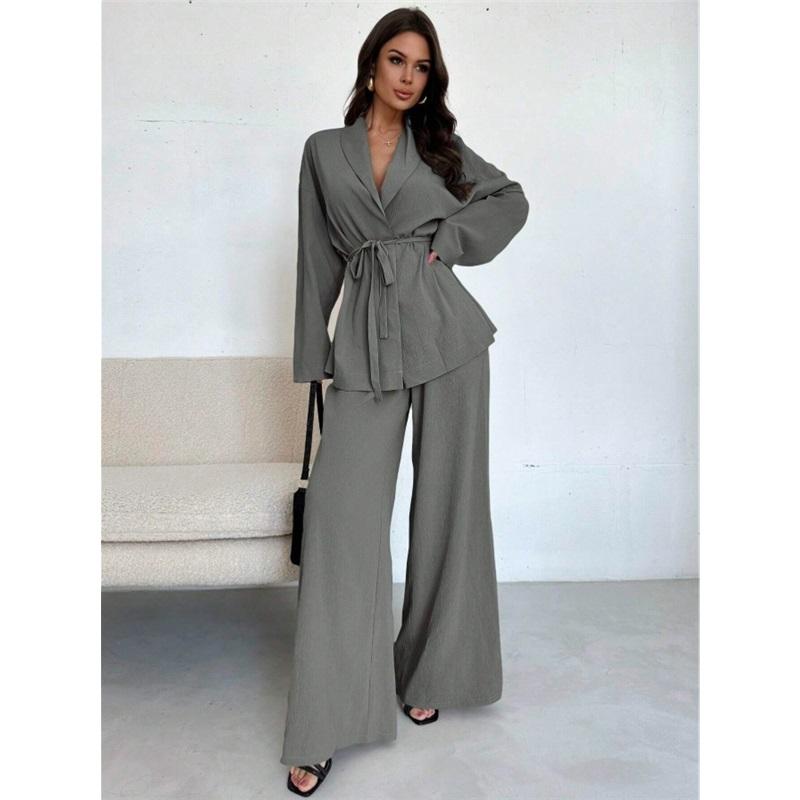 Women's 2 Piece Set V Neck Long Sleeve Belted Blazer & Wide Leg Pants Elegant Casual Office Outfit
