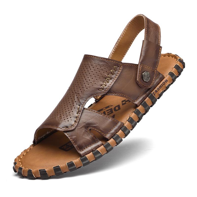 

Мужские летние сандалии на двухслойной подошве, новые, из коровьей кожи, повседневные, для улицы, шлепанцы, пляжная обувь, на толстой подошве, для мужчин среднего возраста, крутые шлепанцы 45 темно-коричневого