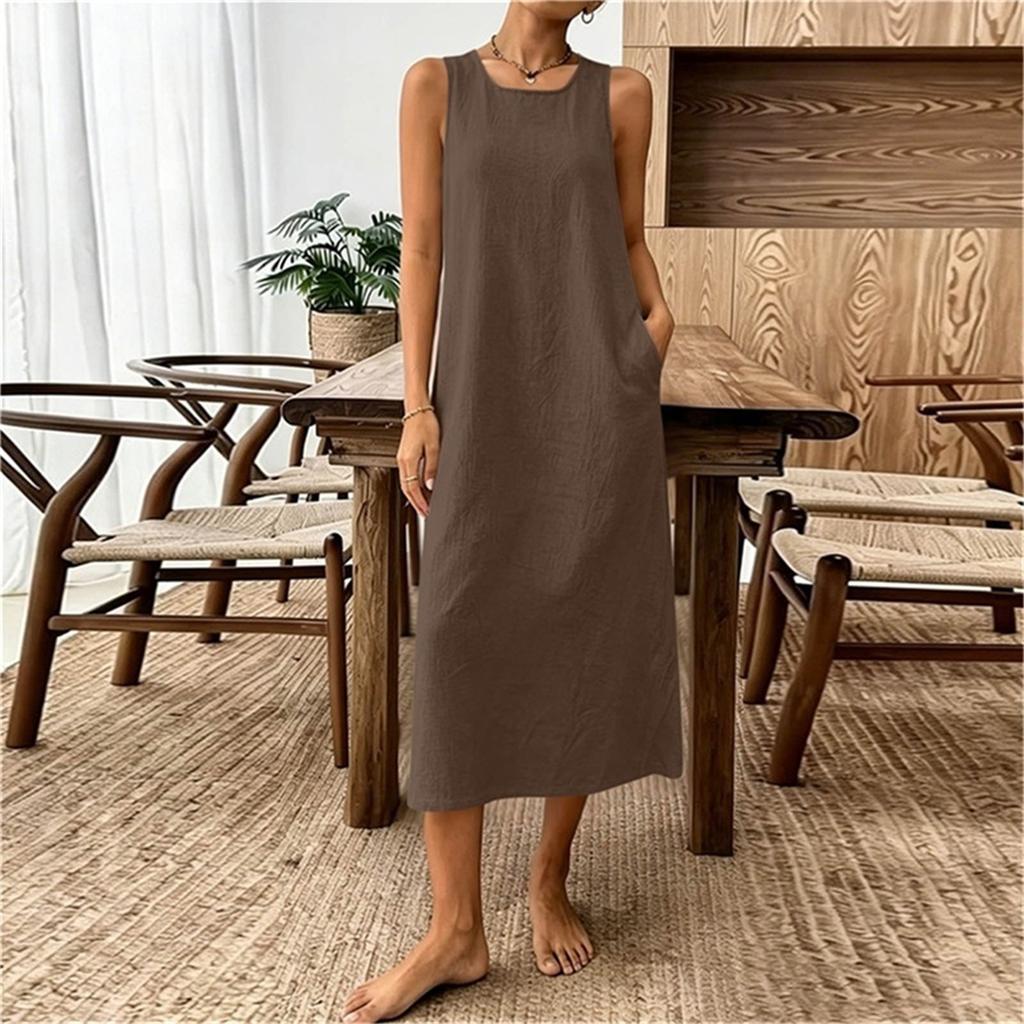 Ärmelloses Damen-Freizeitkleid aus Leinen-Baumwollmischung, Midi, lockere Passform, Rundhalsausschnitt, Sommer-Strandkleid mit Taschen