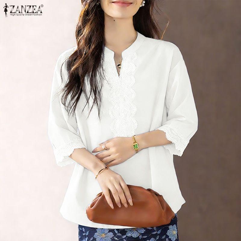 ZANZEA Women Casual Lace Patchwork V-Neck 3/4 Sleeve Blouse