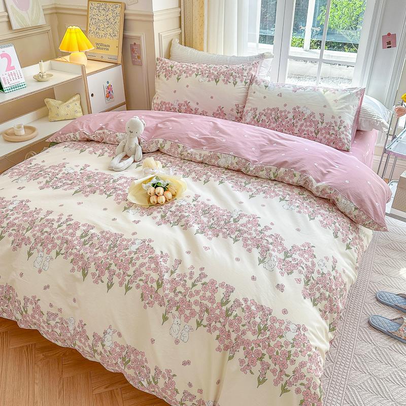 Garden Pink Flowers Pattern Duvet Cover Set 3Pcs Cute Rabbit Printed 100% Cotton Soft Comfortable Comforter Cover Bedding Set