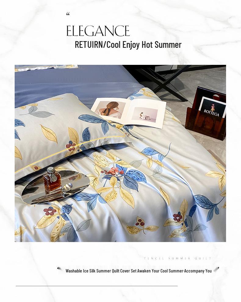 Printed Tencel Summer Quilt 4-Piece Set - Cooling Ice Silk for Naked Sleep, Smooth Gift Quilt
