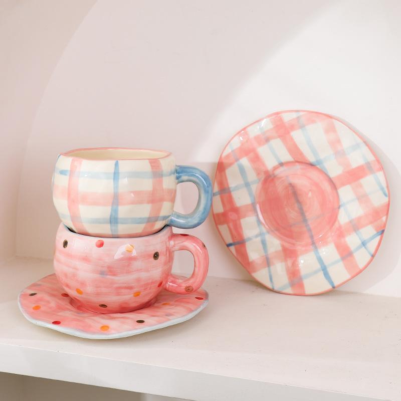 Korean Ins Style Ceramic Mug High Value, Afternoon Tea Cup Hand-painted Girl Cute Hand-squeezed Coffee Cup Saucer