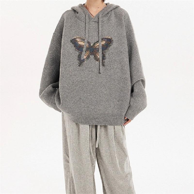 Grauer Pullover Schmetterling Kapuzenstrickpullover Damen 2025 Herbst- und Winterpullover Lässiger Pullover Locker Langärmeliges Oberteil