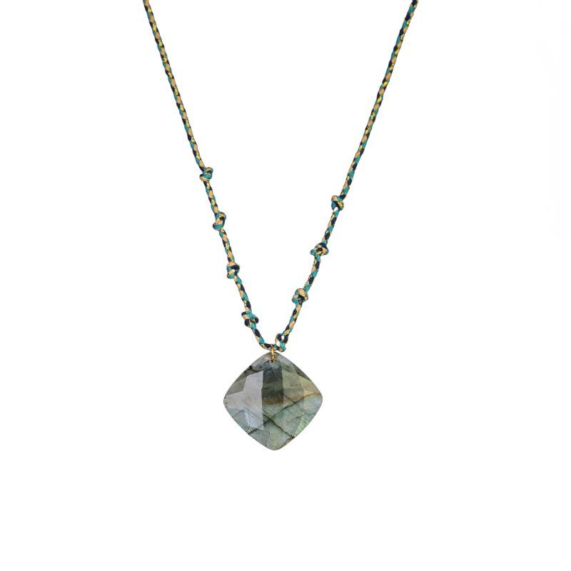 Elegant Blue Braided Rope Labradorite Necklace with Stainless Steel and Natural Stone Pendant