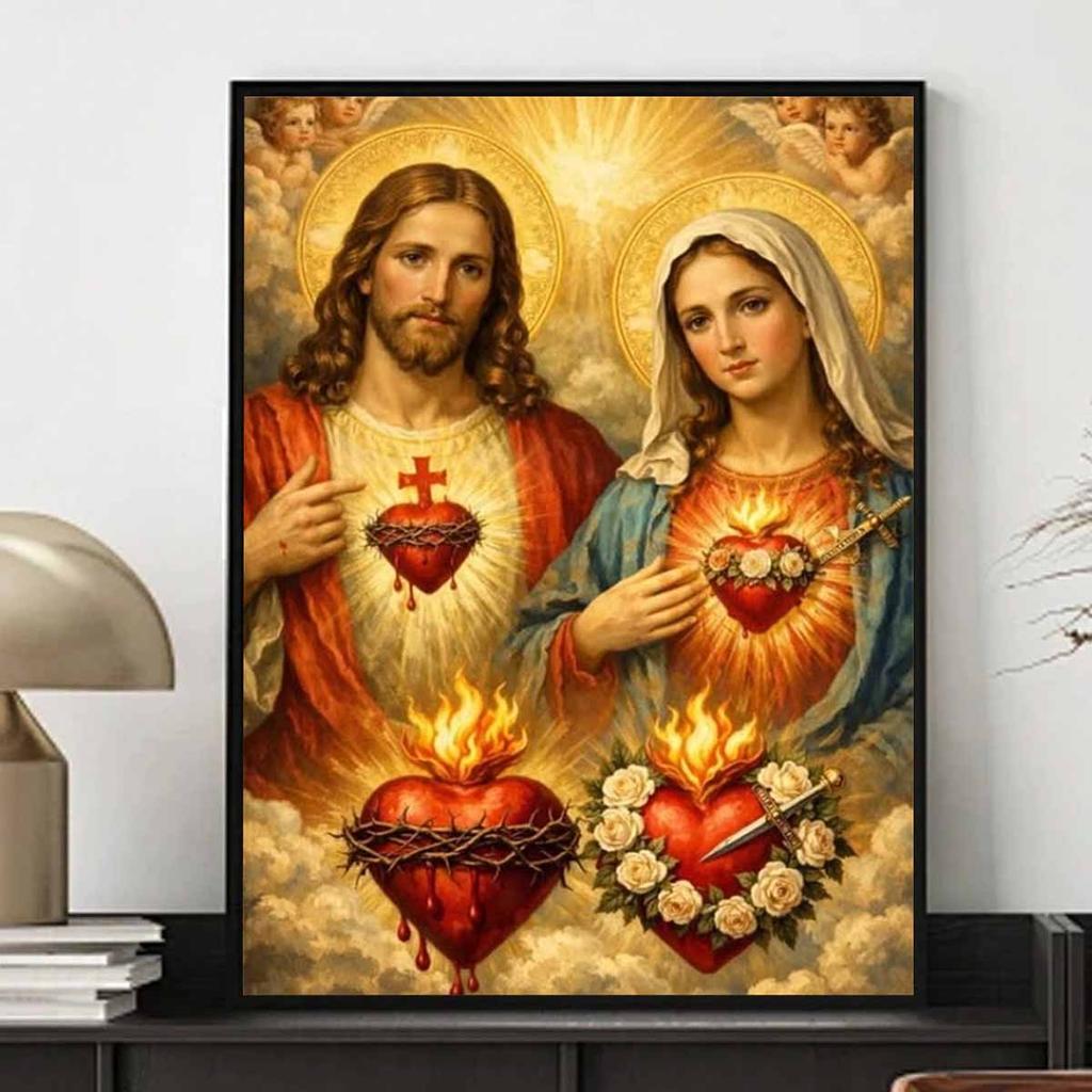 Set Pittura Diamante Fai da Te 5D Diamante Pieno Gesù e Maria Sacro Cuore Religioso Artigianato per Decorazione Parete Casa