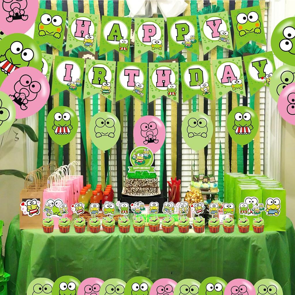 The Frog of Keroppi Birthday Party Decorations, Cartoon Big-Eyed Frog Theme Birthday Supplies set with Happy Birthday Banner,Cake Toppers,Balloons