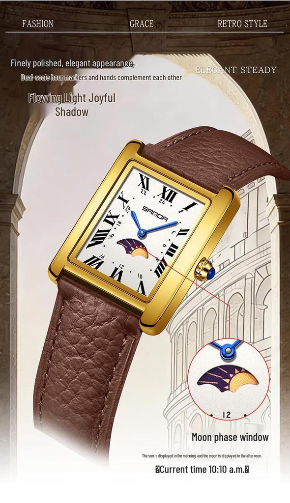 Sanda Elegant Ladies' Square Alloy Waterproof Quartz Watch with Roman Numerals and Moon Phase.