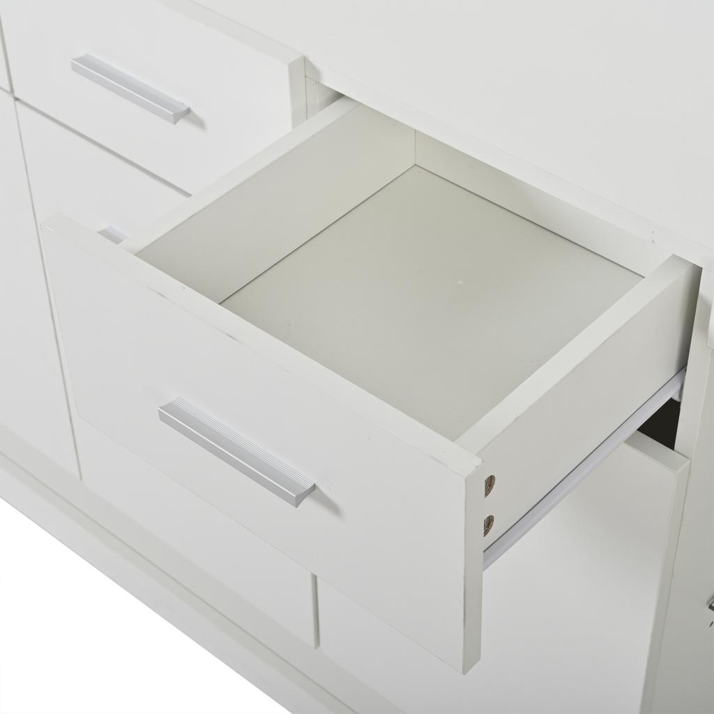 160*40*75cm Side Cabinet with LED Light Strip and 3 Drawers, Chest of Drawers with 14 Storage Compartments, Tempered Glass Bottom Panel, White
