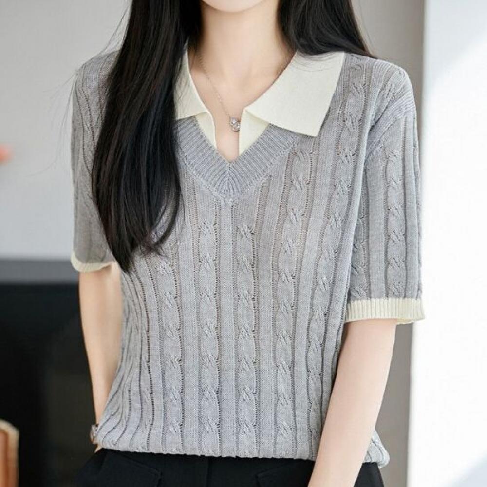 Navava Women Cable Knit Contrast Collar Short Sleeve Knitwear Nk3686