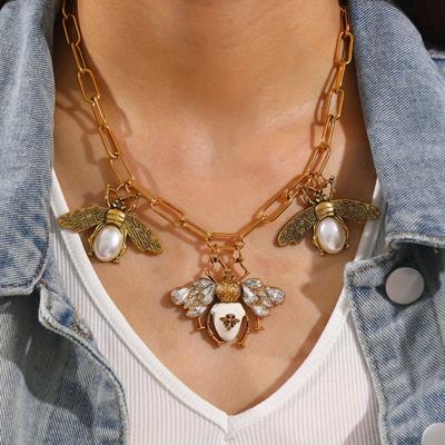 Punk Style Fashion Exaggerated Gold Alloy Bee Set Artificial Crystal Chain Necklace