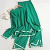 Elegante Completo Maglione Pullover Manica Lunga Spacco Laterale Pantaloni a Gamba Larga Set 2 Pezzi Donna Autunno Colore Unito Felpa Casual