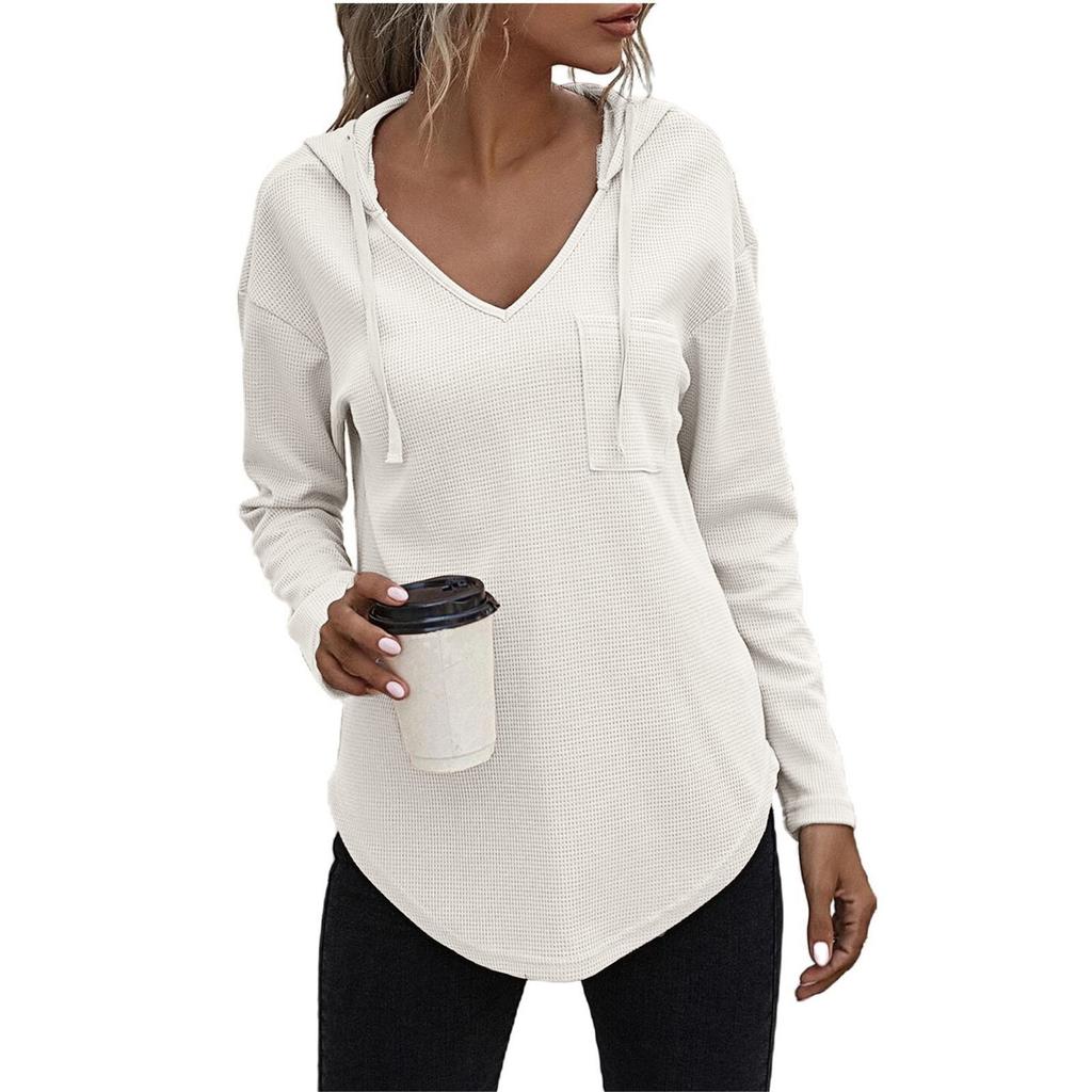 Dámská mikina pro volný čas, dlouhý rukáv, jednobarevný, sportovní svetr s výstřihem do V, s kapsami